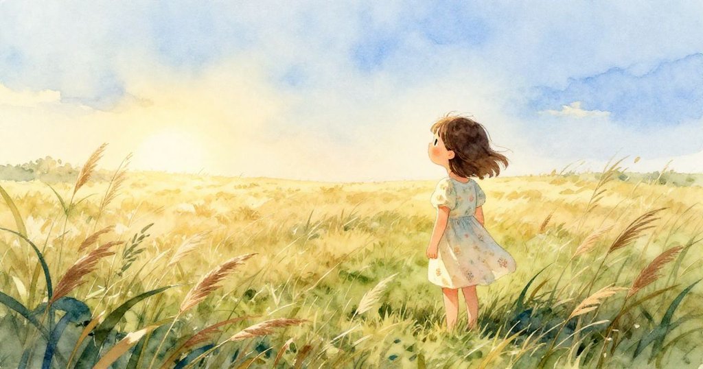 Sofia 站在寬闊靜謐的草原上，凝視遠方新路，草隨風搖曳，呈現期待與寧靜的心情。