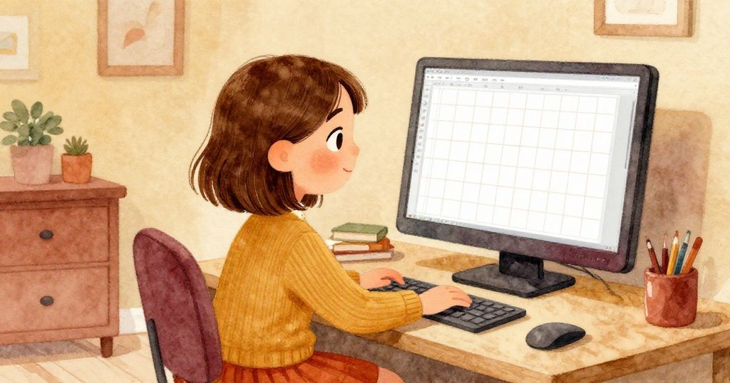 莉莉專注地注視著電腦屏幕上整齊排列的方形圖案，展現出她細心設計日曆的創意和用心