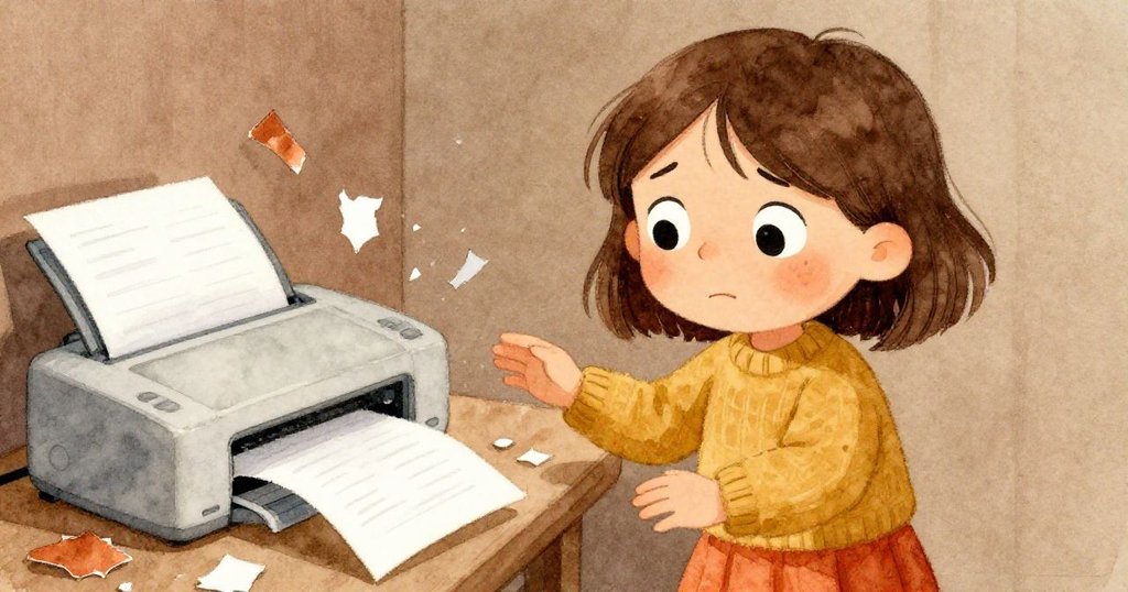 莉莉驚訝又擔憂地發現印表機故障，在混亂中迅速拔掉電源，紙張散落桌上情景細膩生動