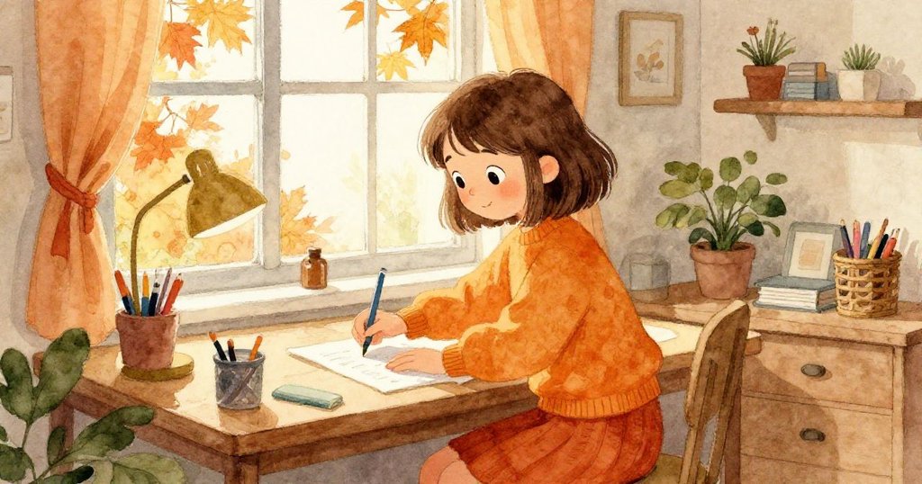 莉莉在窗外秋葉飄落的映襯下，仔細清理桌面，情緒平靜穩定，彰顯溫馨家庭氣氛