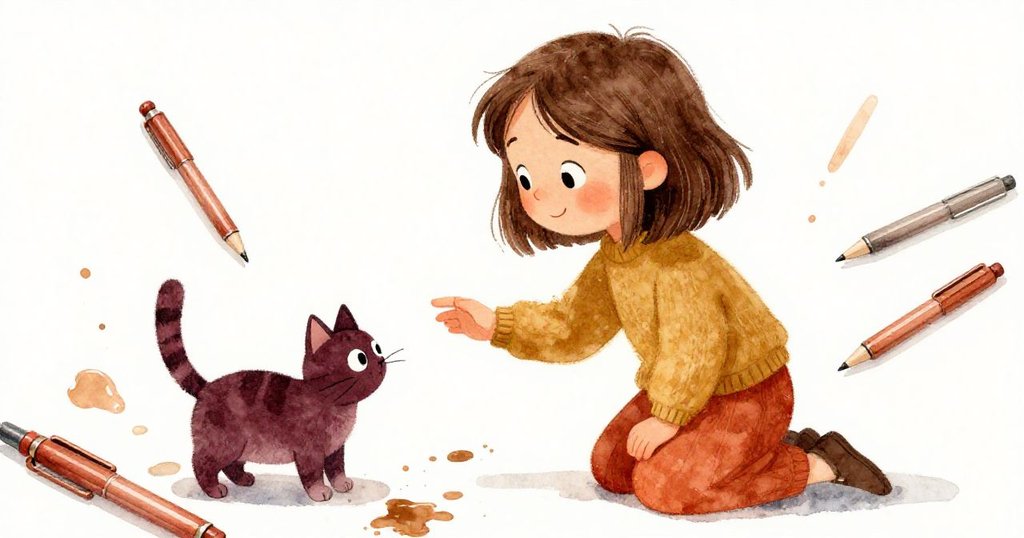 莉莉與好奇的小貓在桌上散落的筆中輕鬆互動，臉上流露出溫暖與幽默，化解混亂情景