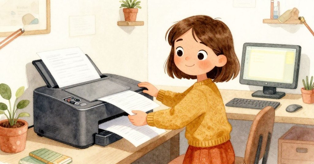 莉莉滿懷信心重新啟動印表機，成功打印出整齊頁面，臉上展現喜悅，溫馨家中場景圓滿落幕