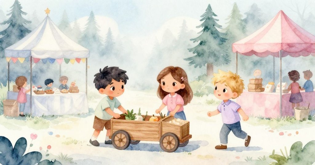 黎奧、瑪雅和本在柔和晨霧中的春季遊園會上忙著準備木車，背景有淡藍與淡粉色裝飾，充滿期待。