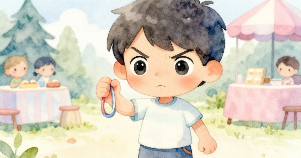 黎奧特寫手持橡皮筋，眼神堅定聚焦展現備戰決心，背景隱約呈現春季遊園會氛圍。