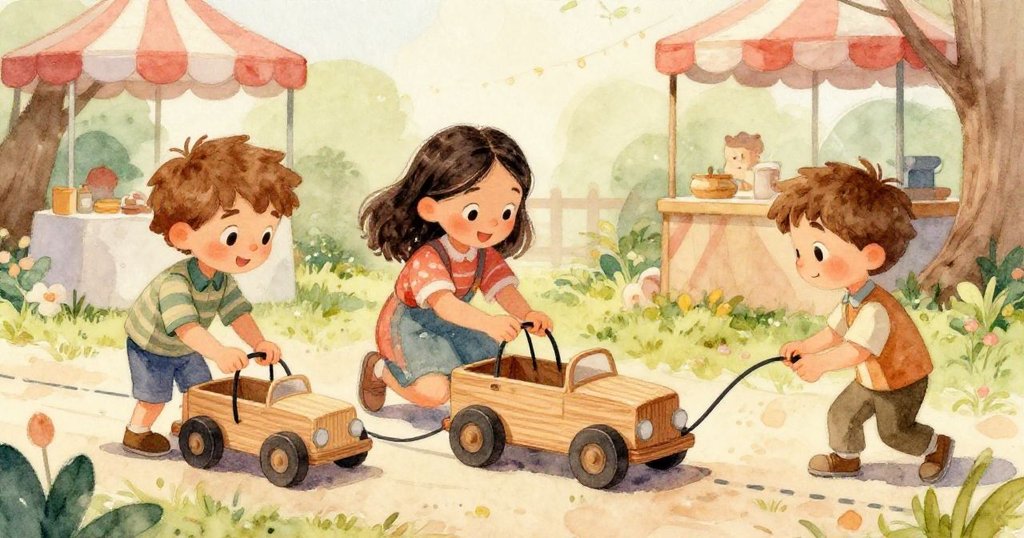 高角度展示競賽跑道上花瓣飛舞，藍色運動車奮力衝刺，黎奧等小車整裝待發，活力四射。