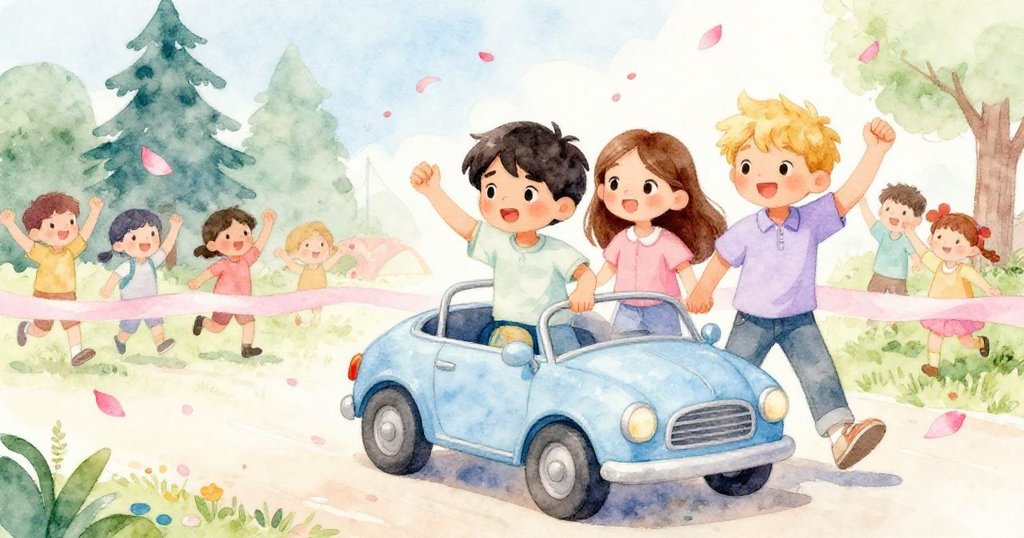 終點線上小車飛馳而過，花瓣緩緩飄落，黎奧、瑪雅和本歡呼慶祝團隊合作戰勝意外挑戰。