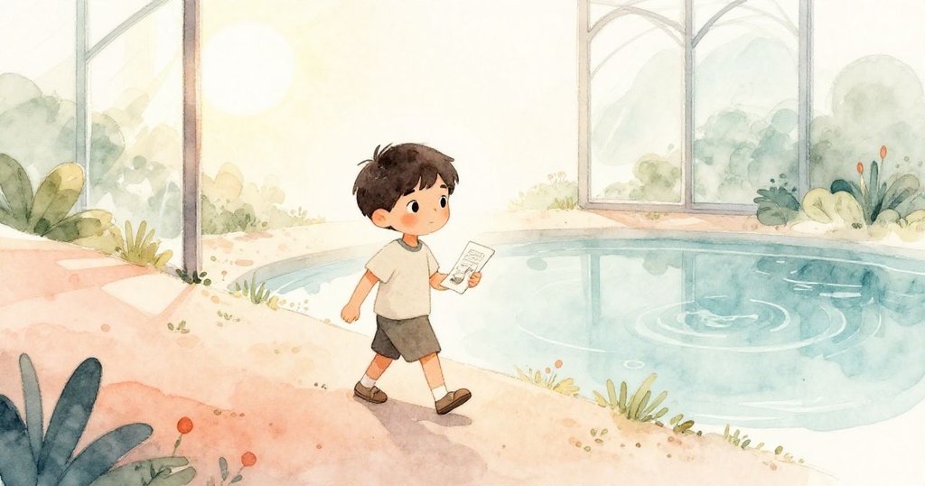 馬泰奧手持速寫本與鉛筆，沿斜坡前行於陽光閃爍的動物園區，開始他充滿好奇的繪圖旅程。