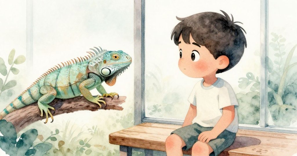 馬泰奧坐在長椅上聚精會神地觀察陽光下樹枝上的鬣蜥，臉上滿是驚喜與專注。