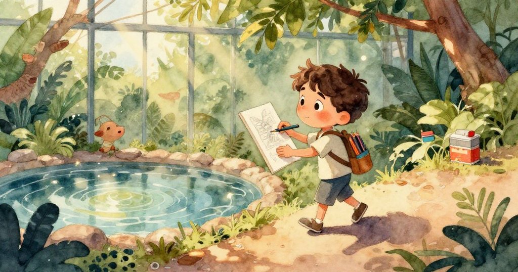 透過馬泰奧的眼睛看到鬣蜥於枝頭靜立，火山噴泉冒出薄霧，遊客驚奇駐足，共同構成動物園中的生動畫面。