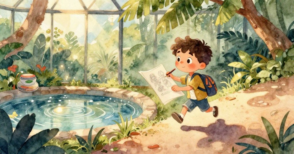 水滴隨火山噴泉爆發飛舞，孩子們打開傘快樂歡呼，棕櫚輕擺，共同展現動物園區的生動瞬間。