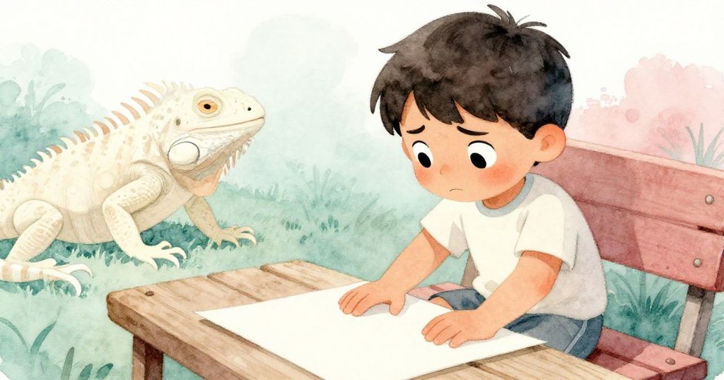 馬泰奧在混亂後，輕觸新畫紙，眼神由沮喪轉向決心，準備重啟他的創作旅程。