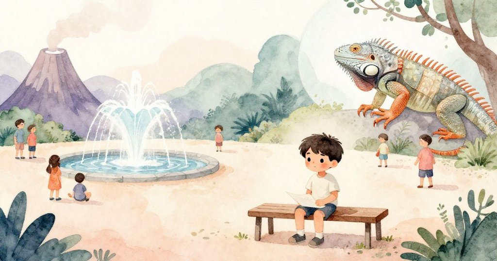 在寬闊動物園中，馬泰奧靜坐記錄鬣蜥新動態，遊客漫步，噴泉蒸汽繚繞，迎來充滿希望的結局。