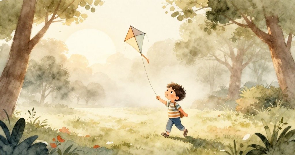 Luca在晨霧公園裡提著風箏，踏著晨光走入開闊草地，臉上充滿期待和溫暖的情感。