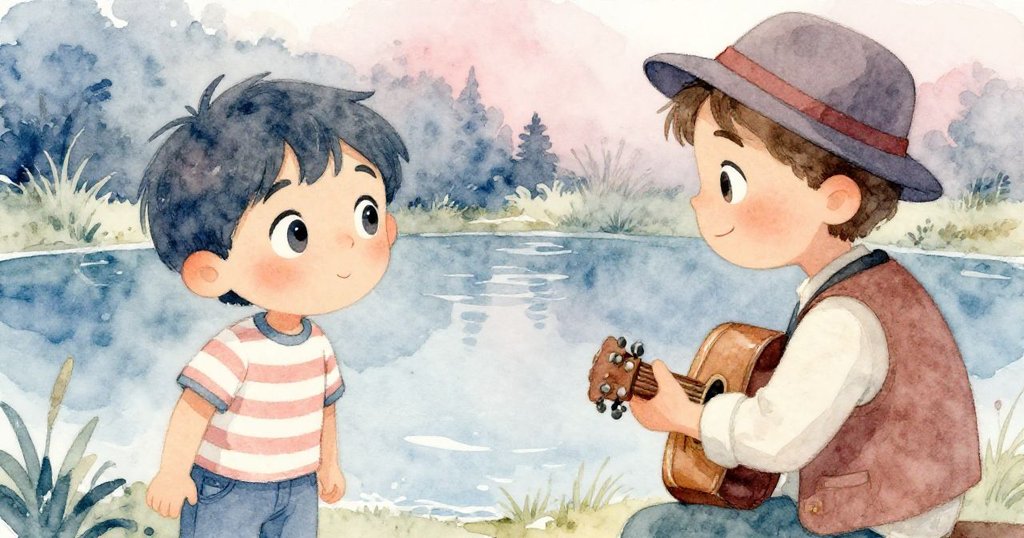 Luca面向池塘邊的音樂家，眼神中透露出驚喜和期待，近距離感受音樂的溫柔旋律。