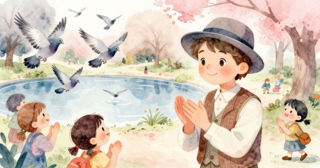 孩子們在公園中熱情拍手，鴿子掠過水面，季節感濃厚的景致中展現出溫馨歡樂的互動。