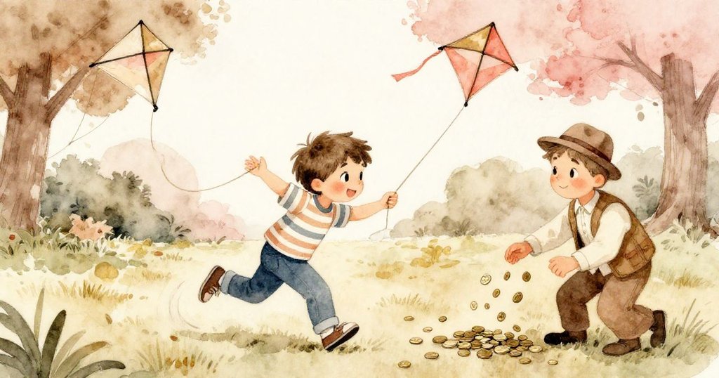 Luca奔跑回公園角落，小心拉扯風箏，同音樂家合作撿拾硬幣，臉上表現出焦急與堅定。