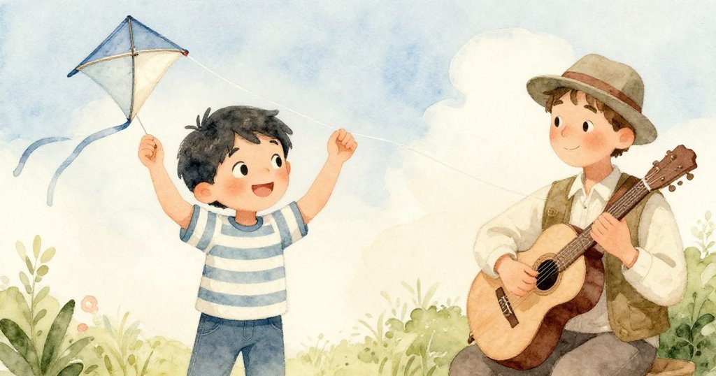 Luca在夕陽下調整風箏線，和音樂家分享微笑，溫暖告別公園，踏上回家之路，情感真摯而平靜。