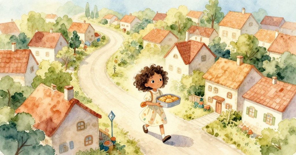 莉莉在寧靜村莊中出門，手持裝著餡餅的鐵盒，晨光溫暖映照蜿蜒小徑，畫面充滿希望與開始的氣息。