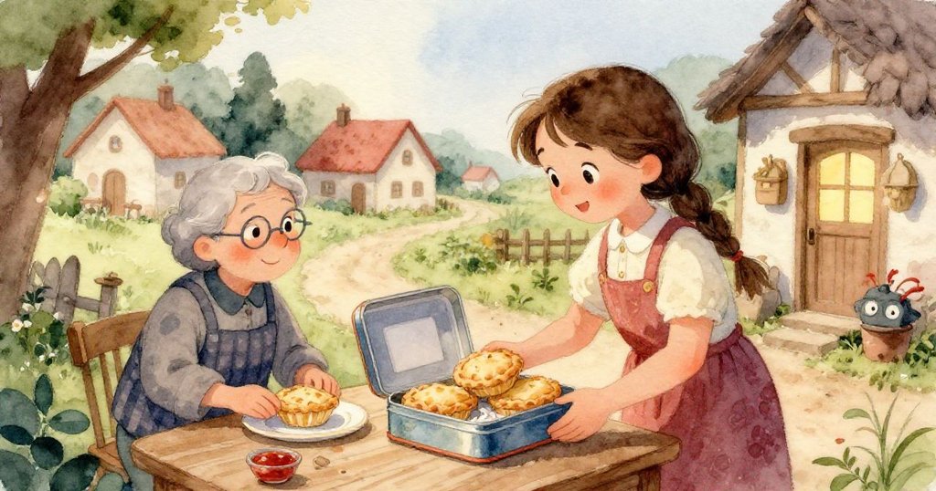 莉莉輕輕握著敞開的鐵盒，內有冒著甜美蒸氣的餡餅，細節豐富展現溫暖與關愛的情景。