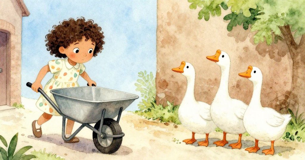 莉莉在狹窄小徑上小心繞過阻擋的手推車，同時三隻大雁好奇地探頭接近，展現即將發生的小麻煩與趣味。