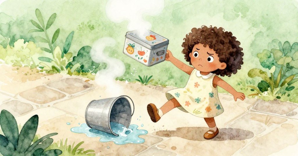 從高處視角看見莉莉鞋子被潑水浸濕，鐵盒滑落釋放蒸氣，桶翻灑水，畫面充滿緊張與即時動感。