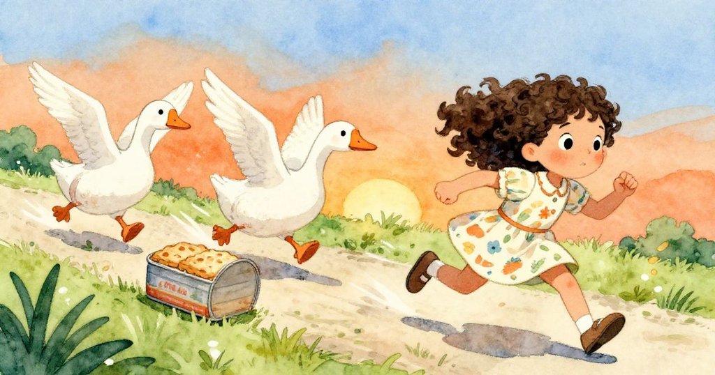 大雁追逐滾動中的鐵盒，莉莉奮力奔跑，神情堅定，落日橙光映襯下，畫面充滿活力與緊張追趕感。