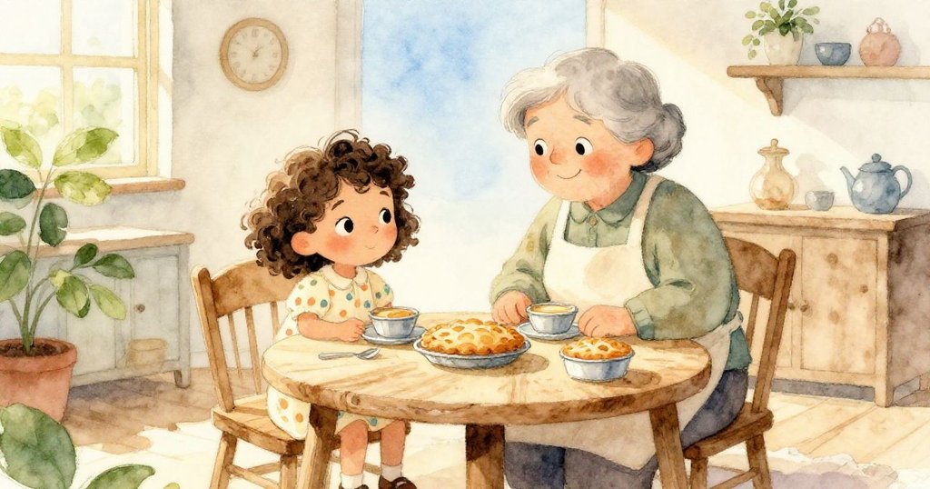 莉莉進入充滿溫馨的家中，祖父母笑臉迎接並切開新鮮餡餅，畫面展現經歷後的甜美與家鄉溫暖。