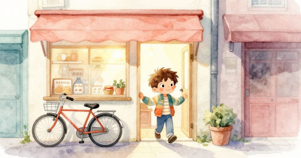 喬納斯晨曦中騎車靠近溫馨麵包店入口，充滿期待與喜悅，背景是柔和的都市晨光。
