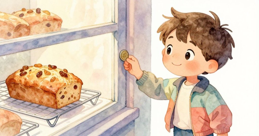 喬納斯專注地用硬幣輕敲窗框，展現他對最後葡萄乾麵包的渴望與精心計劃。