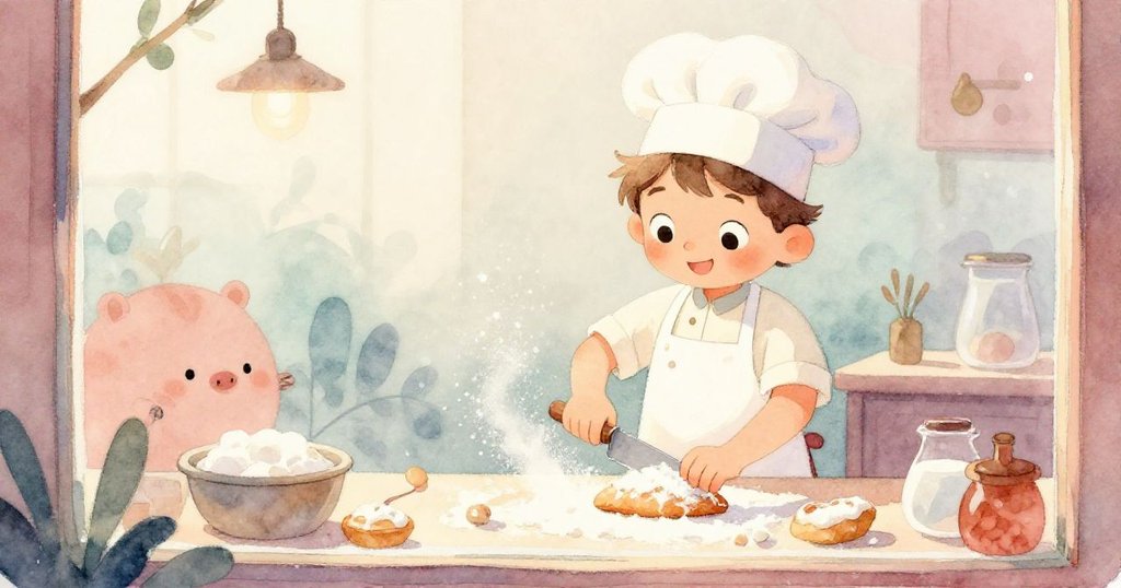 透過如水般朦朧的窗戶，麵包師快樂地切割糕點，飛揚的麵粉在柔光中跳動，場景夢幻溫暖。