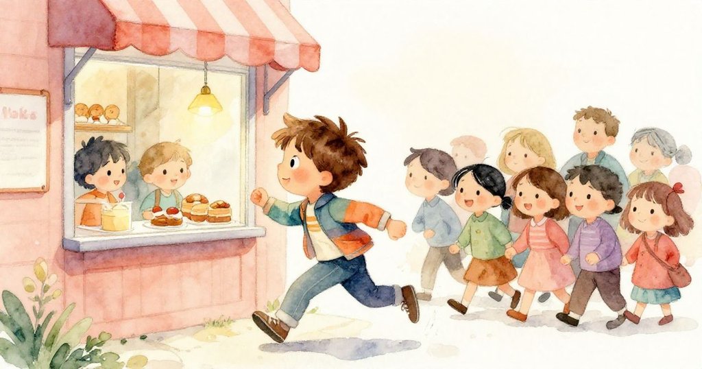 當排隊人群前移時，喬納斯迅速穿梭趨向窗邊，決心取下葡萄乾麵包，神情機智且充滿活力。