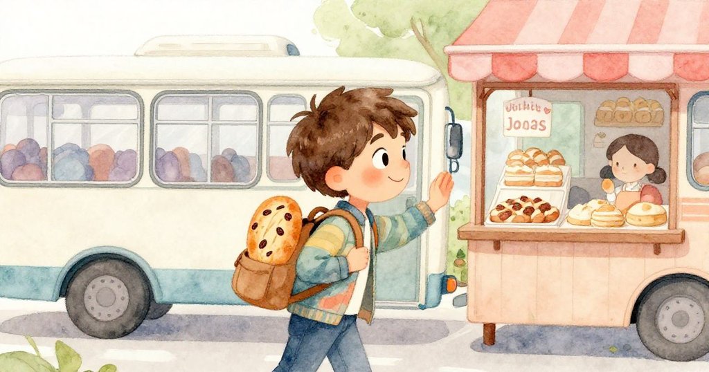 喬納斯帶著溫暖笑容和滿足心情，登上巴士離開麵包店，向這段美好晨光說再見。