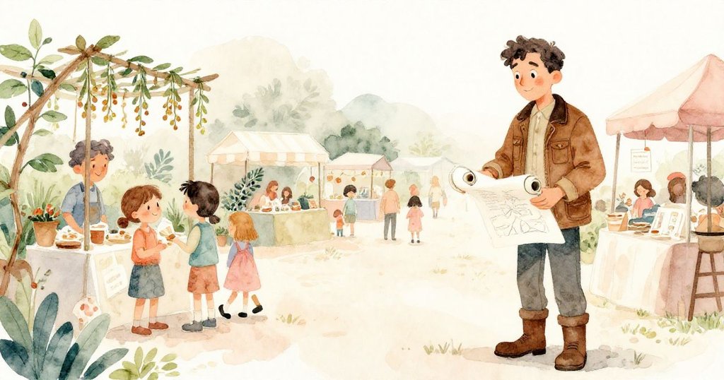 Neal 在熱鬧市集人群中調整畫稿，微風拂過綠意盎然的園圃，神情期待與忙碌交織。