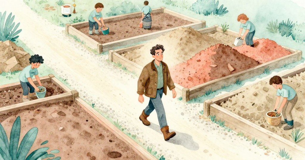 從高處俯瞰，Neal 踏過碎石小徑，步履謹慎，周遭義工忙碌，展現探索與挑戰。