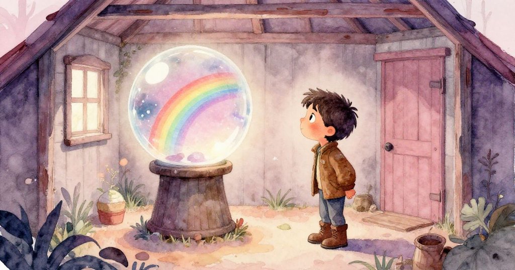 水滴與燈光交織下，玻璃球表面反射耀眼彩虹，Neal 驚訝凝望，氛圍夢幻迷人。