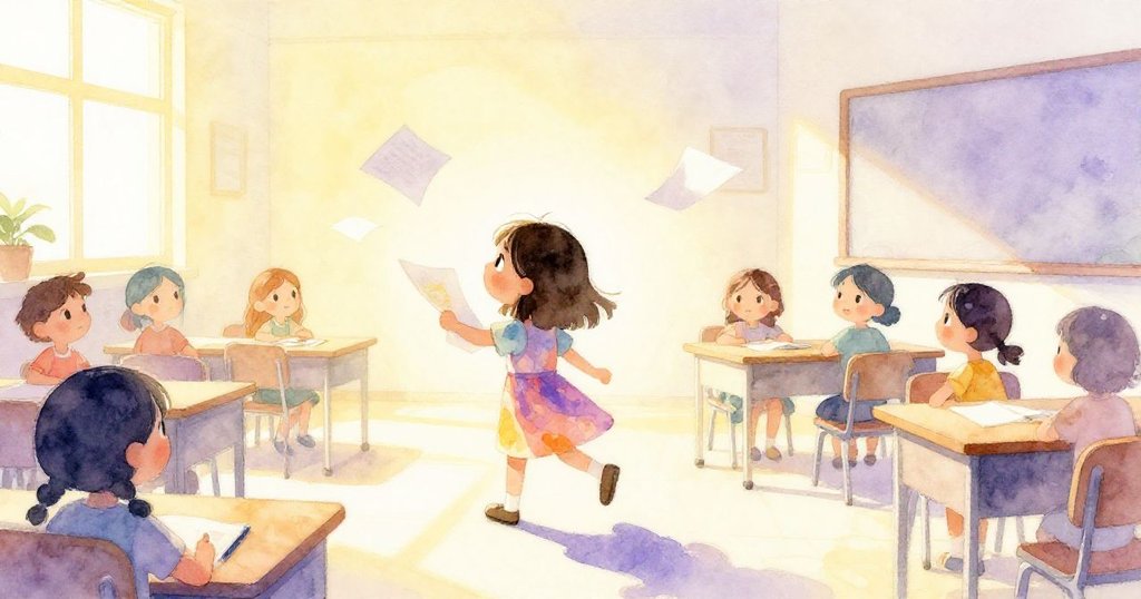 Lena手持海報走過明亮教室，柔和晨光灑進窗內，紙張隨微風飄動，充滿期待與活力。