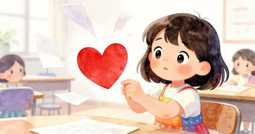 Lena手持展示紅心的海報，近景細節呈現溫柔愛意，微風輕拂紙張，充滿溫暖情懷。