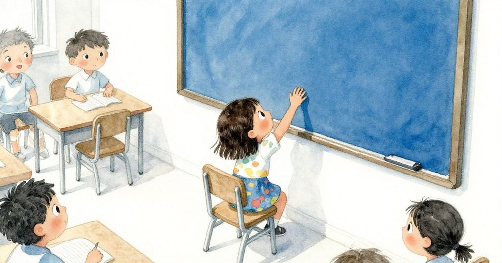 從高處俯視，Lena努力伸手夠到高掛白板，她伸展之際流露堅定與些許無奈，環境明亮溫暖。