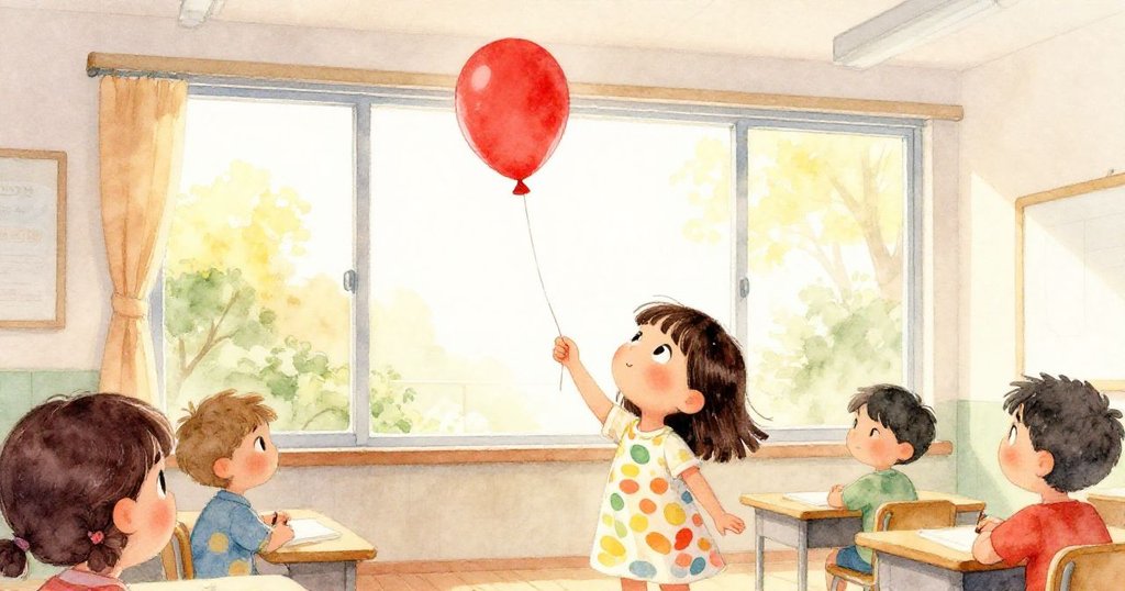 Lena注視著飄向天花板的紅色氣球，窗外晨光柔美，室內外景和諧交融，充滿奇幻驚喜。