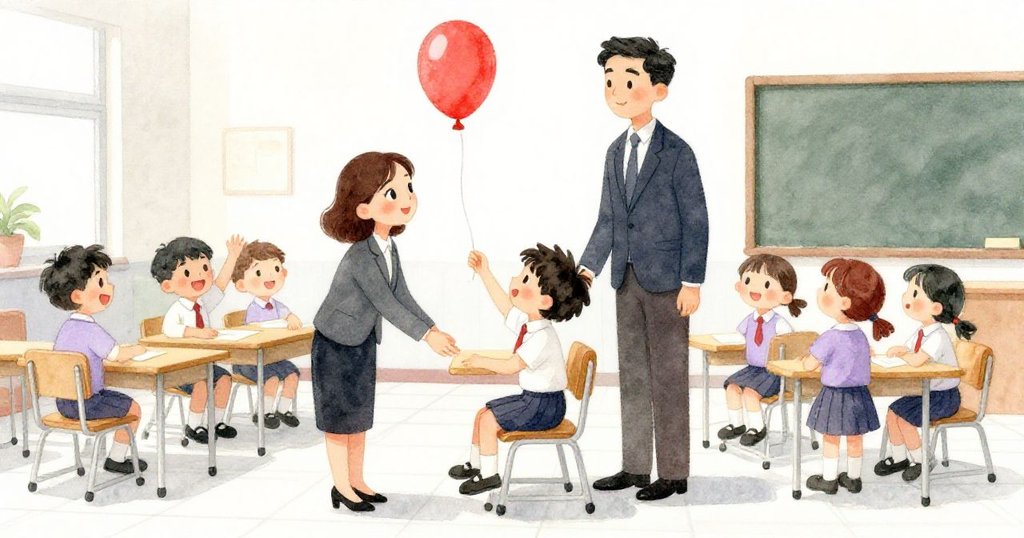 老師穩住搖晃的椅子，高個學生帶領同學合力捉住飄浮的紅氣球，教室中滿溢關懷與團結溫馨。