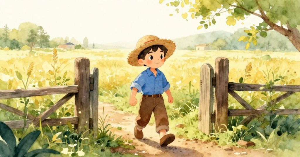 米洛穿過鄉村大門走入田野，靴子上附著濕潤泥土，充滿期待與溫暖晨光的氛圍中邁出第一步。