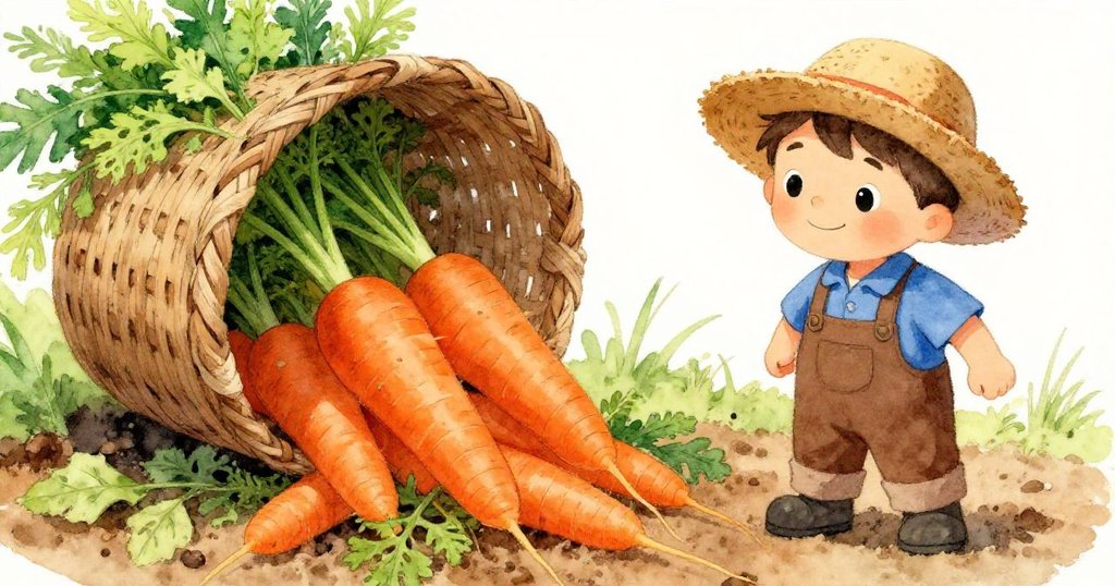 米洛手中空籃因輕傾而散落亮橙胡蘿蔔，近距離展現土地與植物色彩的豐富變化，充滿溫暖情感。