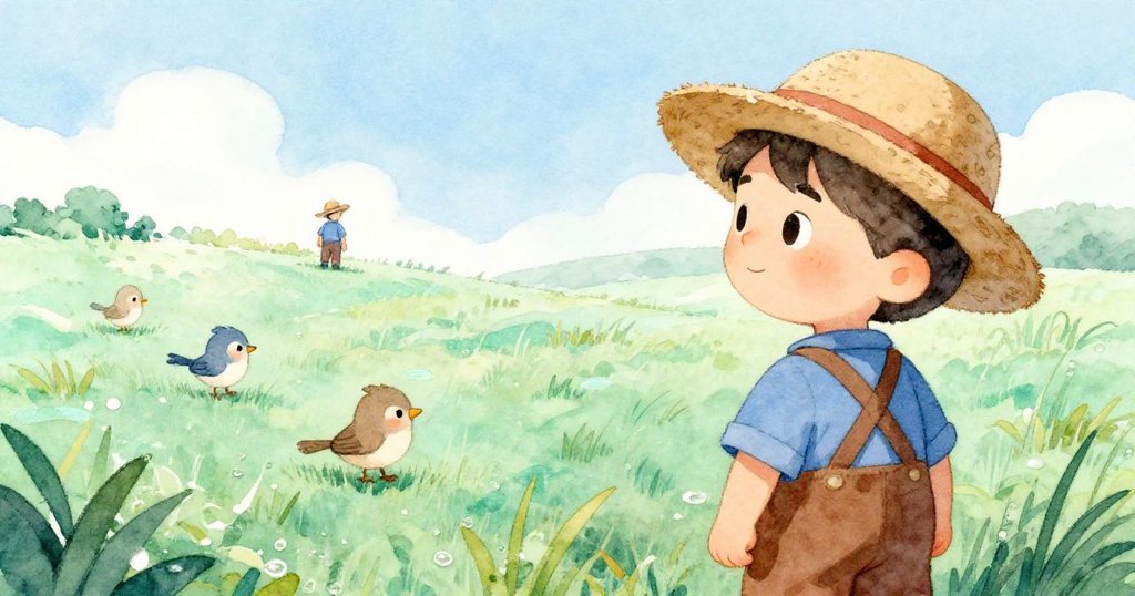 小鳥從低角度觀察跳躍的草叢，遠處米洛忙碌於田間，畫面透出自然、生動又充滿生態美感的情景。