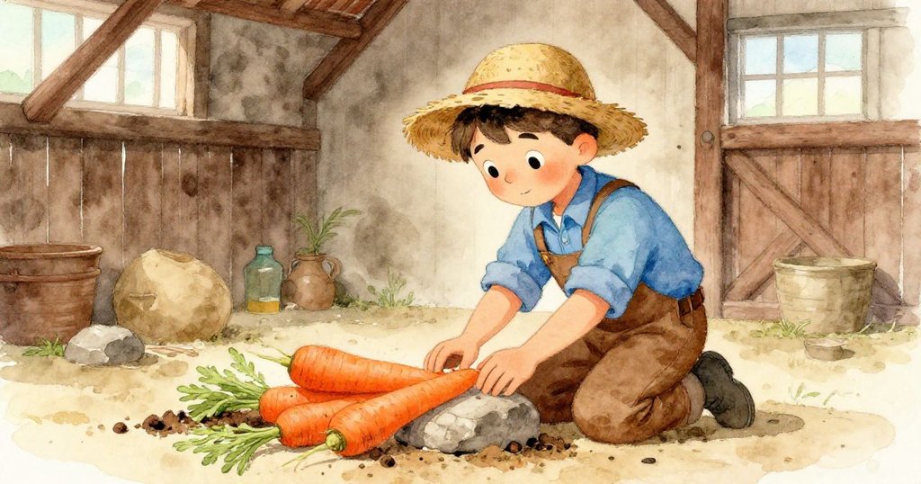 米洛在雨後的小穀倉中細心整理散落的胡蘿蔔，穩放籃子於石台上，氛圍寧靜而充滿溫暖。