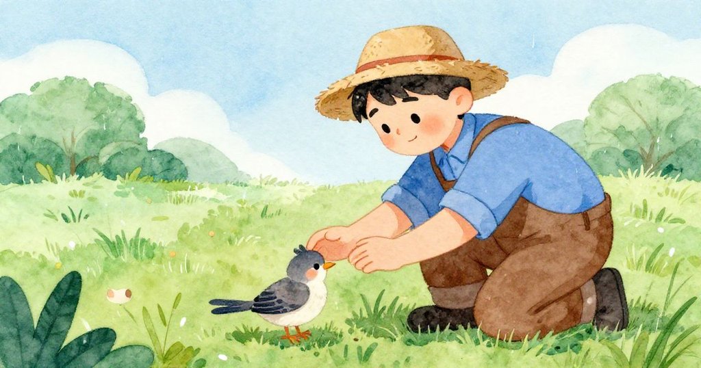 米洛在雨後田野中蹲下與一隻小鳥親近互動，互傳溫柔感動，畫面充滿清新與生命活力。