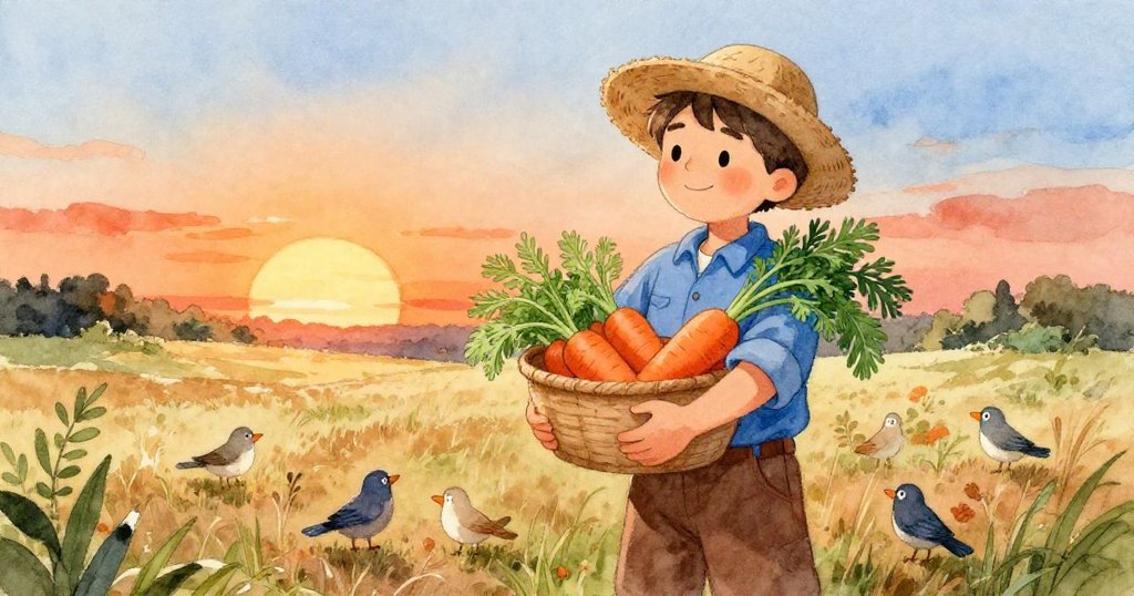 米洛在夕陽下的田野中舉起滿籃鮮豔胡蘿蔔，小鳥圍繞，臉上洋溢著喜悅與成就，重聚溫馨。