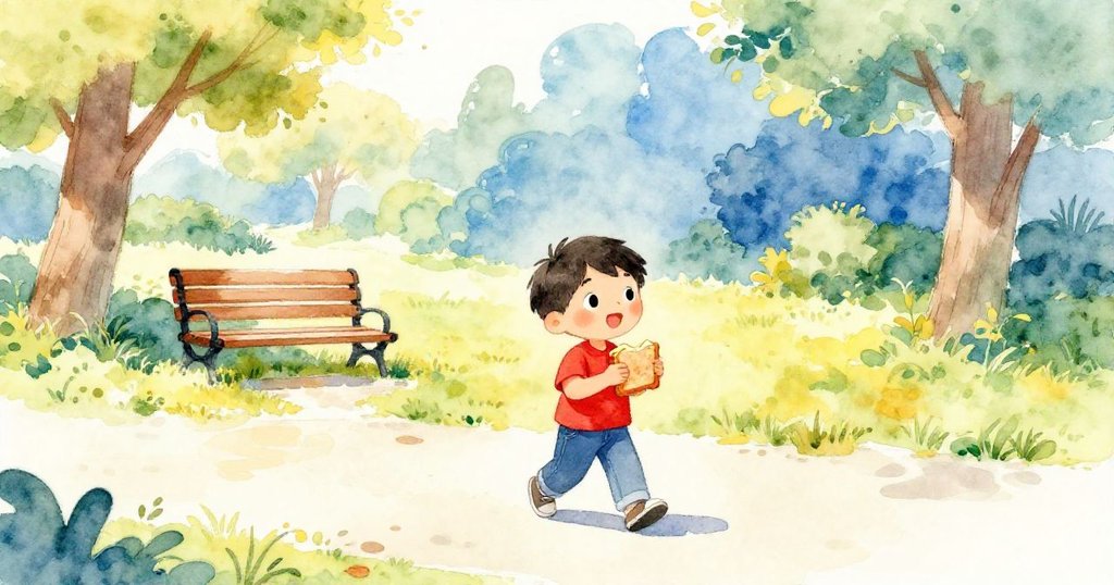 Milo 穿著紅上衣走進陽光明媚的公園，手拿三明治，背景有樹木與長椅，滿臉期待與愉悅。