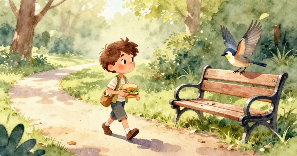 Milo 的手正將三明治放到木製長椅上，旁邊有隻鳥輕輕拍打翅膀，長椅上灑落著幾粒麵包屑，充滿溫暖細膩感。