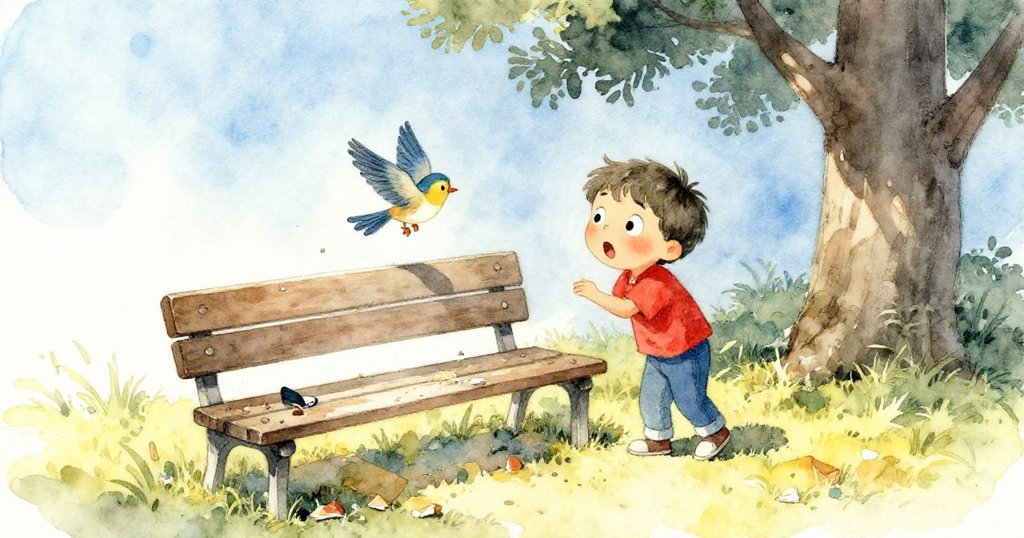 Milo 驚訝地注視鳥兒在凌亂長椅上嬉戲，樹蔭斑駁映出他的意外表情，場景充滿動感與故事感。