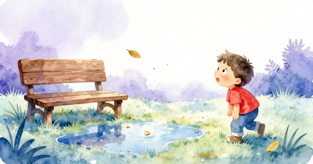 在微露水光中，Milo 靜靜站在草地旁，觀察小水坑映出麵包屑與飄落樹葉，營造出夢幻而奇妙的場景。